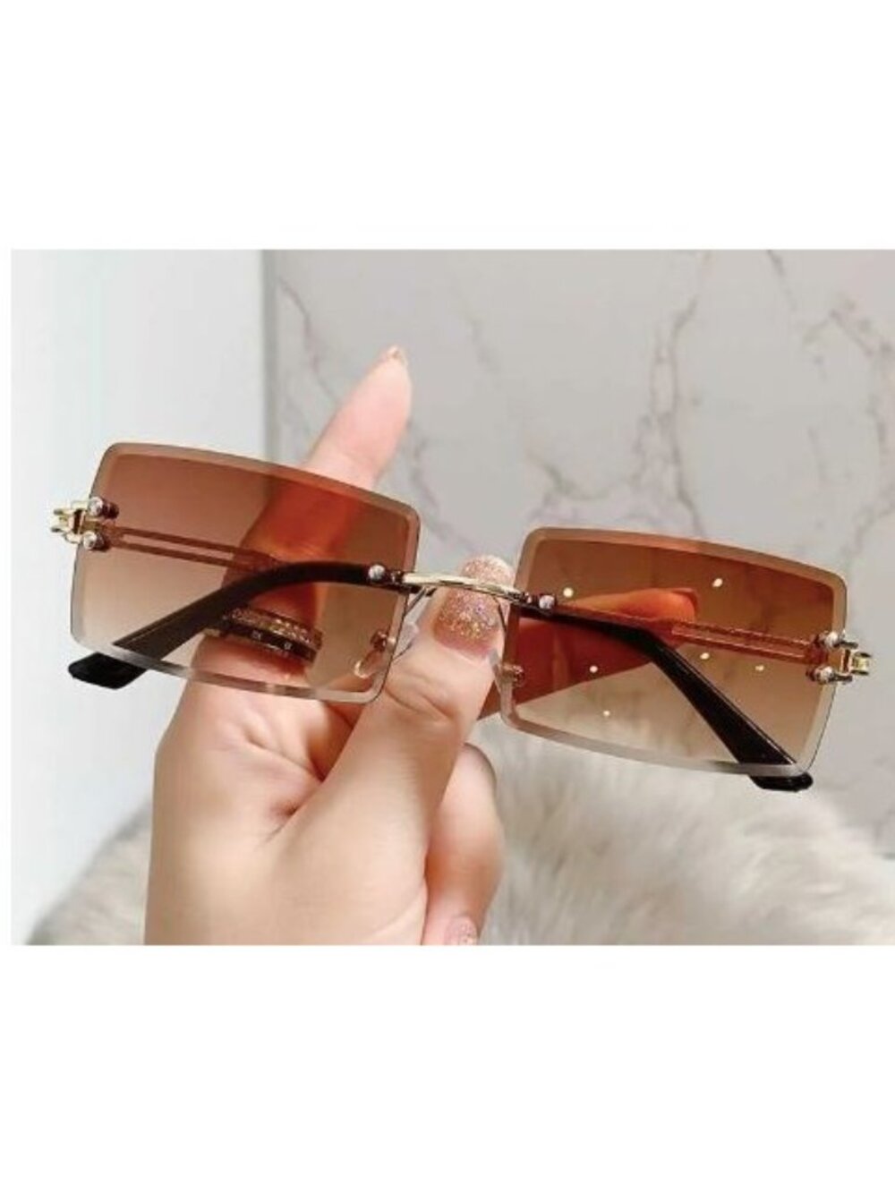 Rimless Rectangle Sunglasses Tea Brown Lenses Gold Tone Frame Y2K Retro Unisex